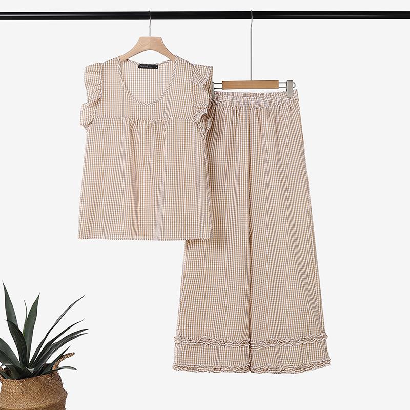 

ZANZEA Women Sleeveless Tank Tops and Pants Plaid Print Two Piece Suit Sets 5XL хакі