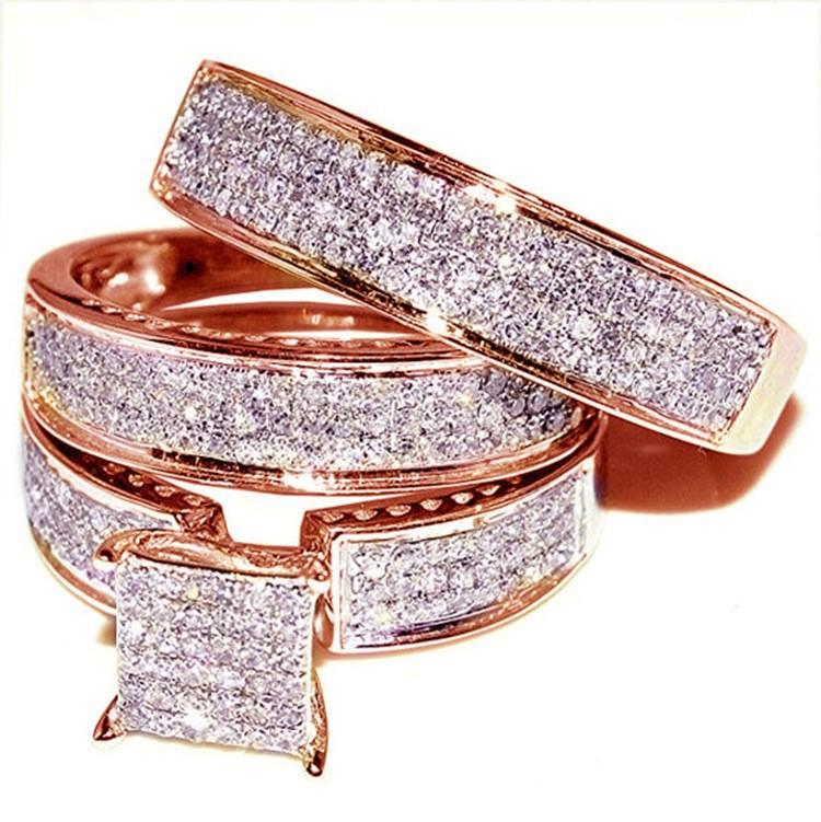 Wind Slightly Inlaid With Diamond Zircon Light Luxury Three-Piece Series Ring Ring