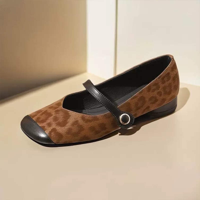 

Французские туфли с квадратным носком, плоской подошвой и неглубоким вырезом, женские, новые весна-осень 2025, низкий каблук, леопардовый принт, ремешок с пряжкой 40 коричневый