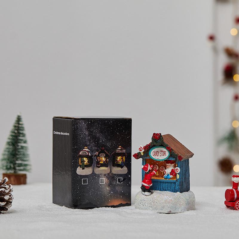 Glowing Christmas Village Houses Luminous Resin Miniature Santa Shop Scene Lighting Creative Holiday Christmas Holiday Supplies