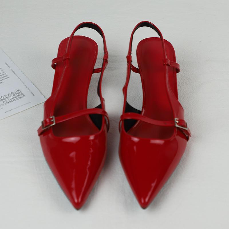 Fashion Patent Leather Women Sandals Sexy Pointed Toe Back Strap Buckle Summer Slingback Footwear Large Size High Heel Red Wedding Shoes
