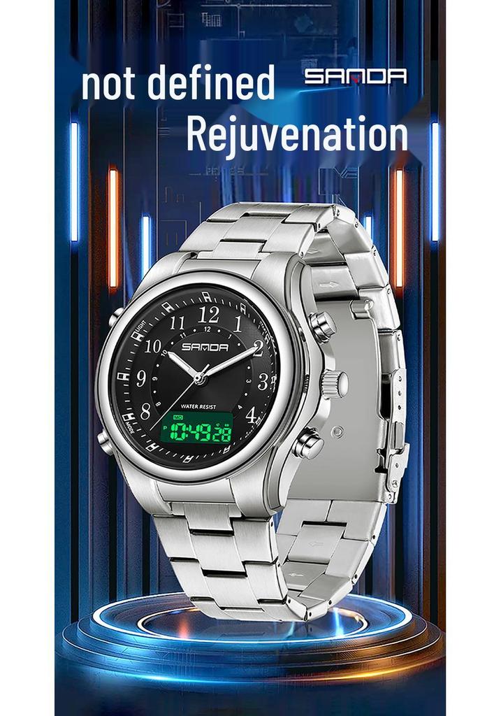 Sanda Men's Multi-Functional Watch: Dual Display, Luminous, Waterproof, Steel & Leather Straps, Casual & Business Style