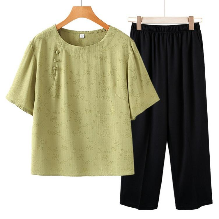 Sommerkleidung für Mütter, Chinesischer Stil, Nationaler Stil T-Shirt, Kleines Hemd Anzug, Westlicher Stil Damen Zweiteiler Anzug