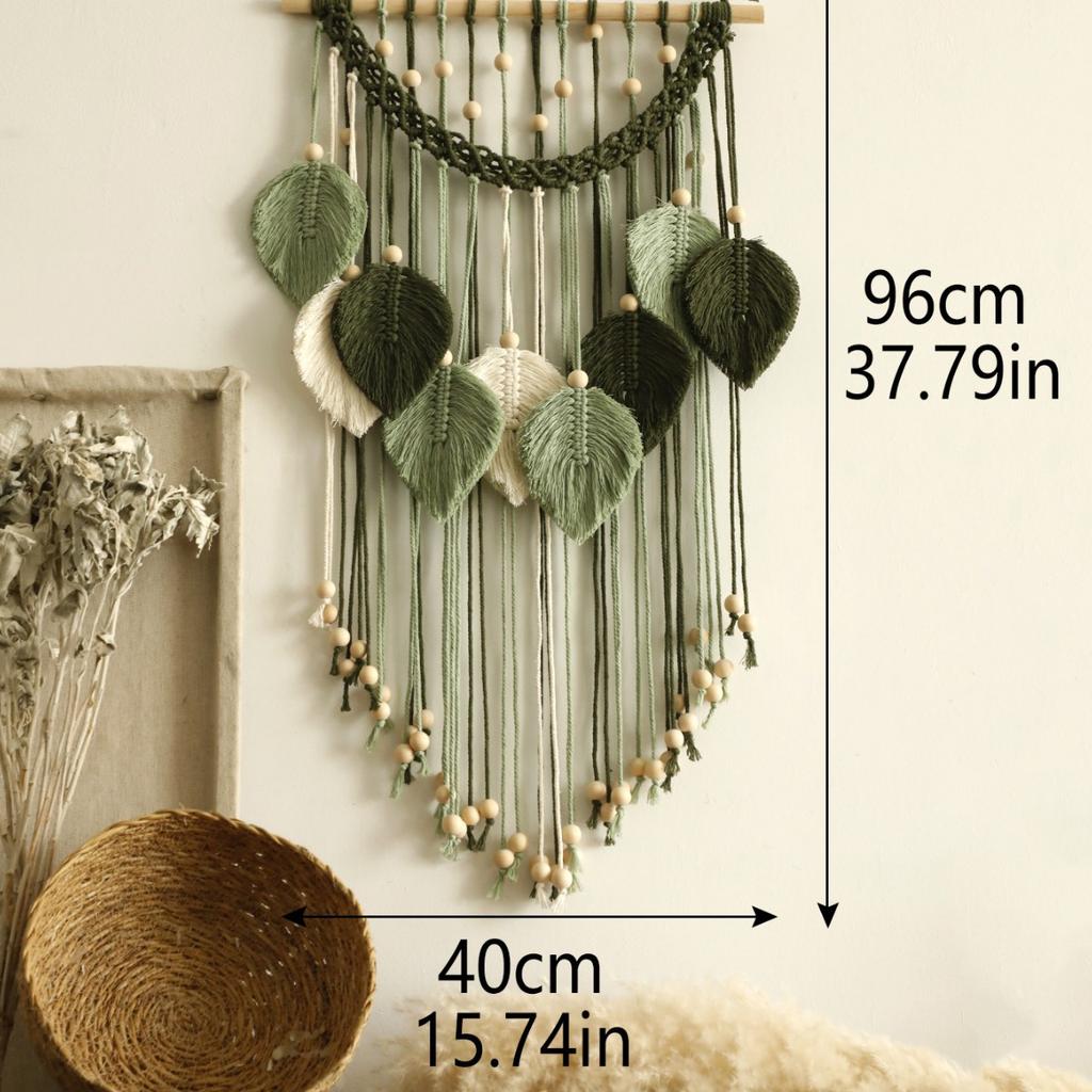 Handmade Cotton Thread Woven Wood Beads Leaf Tapestry Simple Home Bedroom B&B Wall Decoration