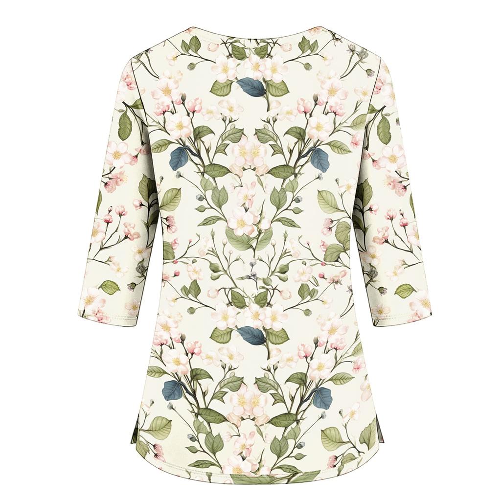 Women's Floral Print Scrub Top with V-Neck, Pockets, Side Slits and 3/4 Sleeves