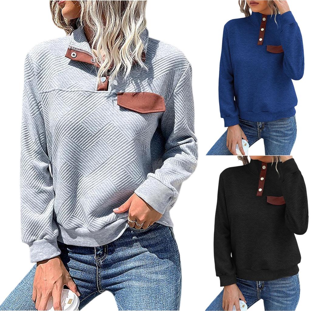 Damen Casual Einfarbig Slim Fit Pullover Texturierter Stehkragen Langarm Top