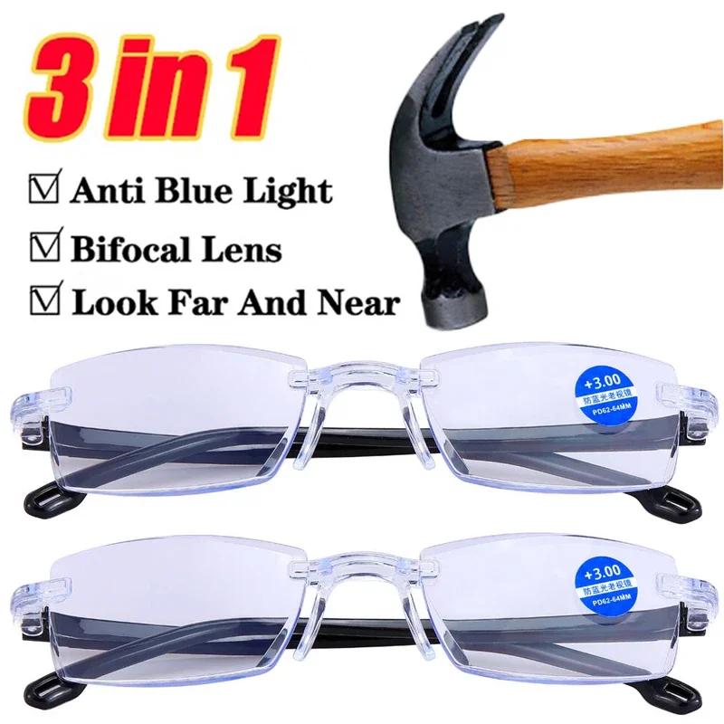 2Pairs Men Women Rimless Reading Glasses Anti Blue Light Bifocal Far Near Magnification Eyewear Presbyopic Glasses +100 +400