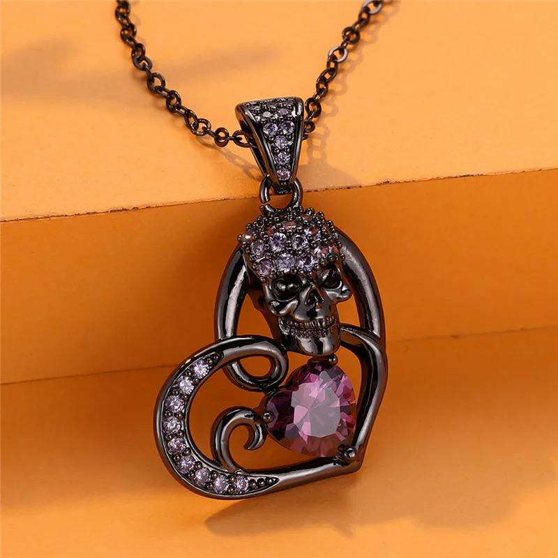 Halloween hodeskalle hjerteform anheng halskjede for kvinner Utsøkt innlagt zirkon svart gull farge kjede halskjede smykker personlig gave