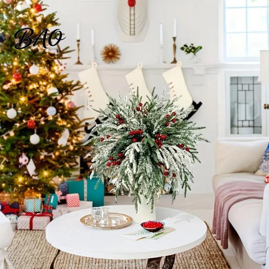 Lifelike Floral Decor for Gift 20Pcs Christmas Norfolk Pine Picks, Flocked Snow Branches with Indoor Decorative Plants Living Room Red Berries,