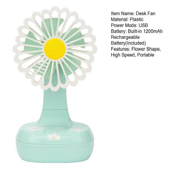 Summer Flower Desk Fan with Night Light Phone Holder 3-Speed Angle Adjustable Fan Rechargeable Office Bedroom Travel Personal Cooling