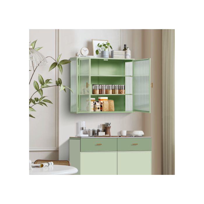Armoire Murale Moderne À Double Porte Vitrée De 70 Cm Avec Espace De Rangement À Trois Niveaux (verte)