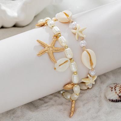 2 Pieces of Vacation Beach Style Seashell Woven Starfish Tassel Double-layer Layered Imitation Pearl Women's Ankle Chain