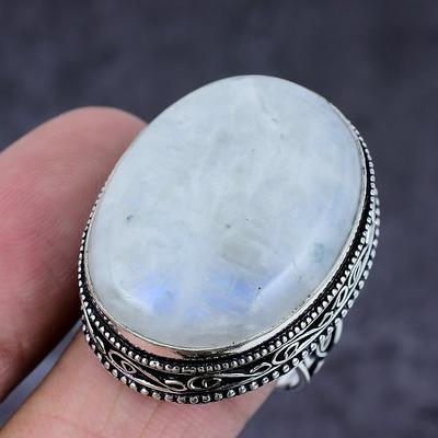 Natural Rainbow Moonstone Gemstone Handmade 925 Sterling Silver Ring S.10 R0C92