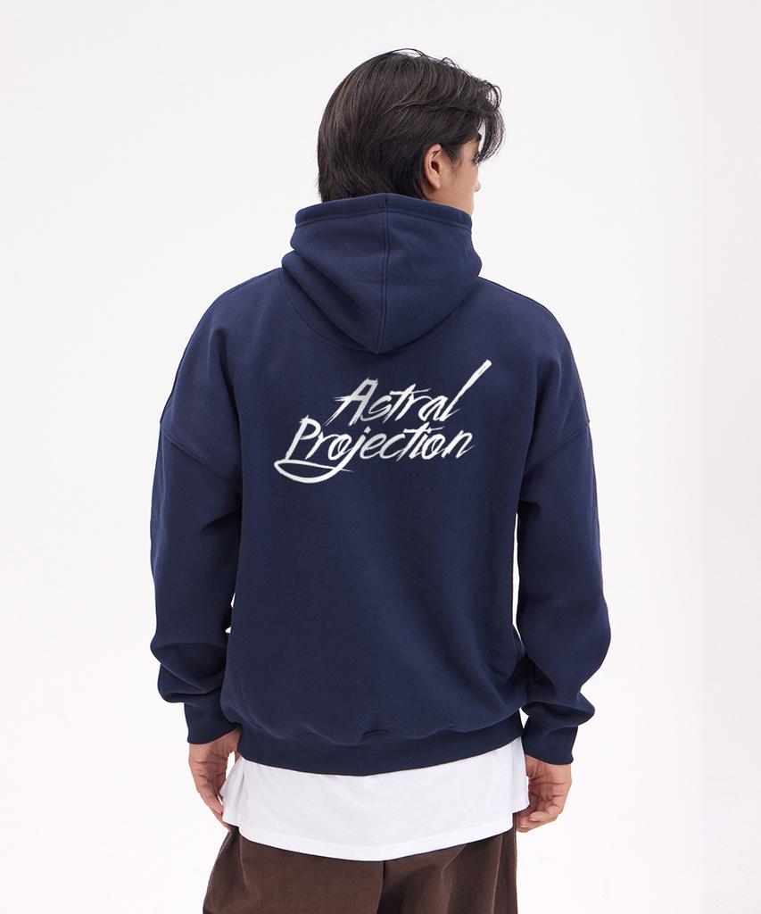 Hand Lettering Oversized Wide Shoulder Hoodie_Navy