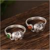 Yin Taifei Thailändischer Silber-Elefantenring mit rotem Achaten & Jade: Damen Retro Offenes Design