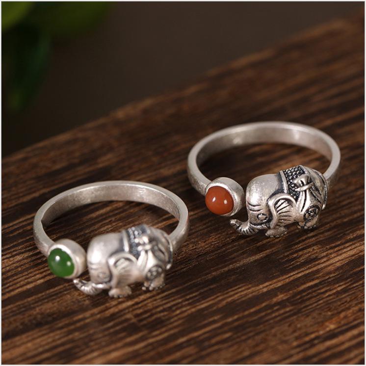 Yin Taifei Thailändischer Silber-Elefantenring mit rotem Achaten & Jade: Damen Retro Offenes Design