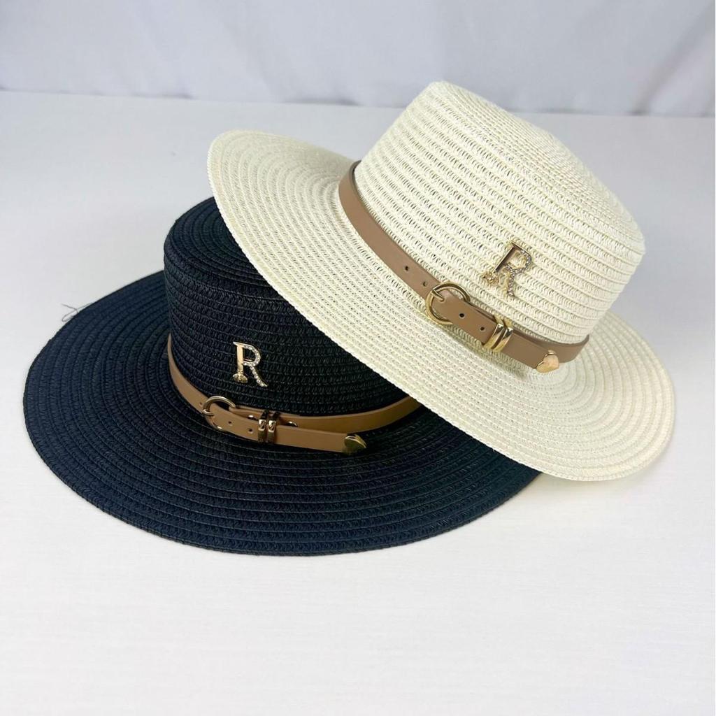 Women's Summer French Retro Straw Hat with Rhinestone 'R'