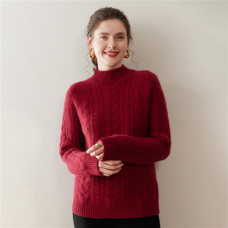 Women's Autumn Winter Cashmere Cable Knit Half Turtleneck Sweater - Solid Color, Slimming, Long Sleeve, Soft