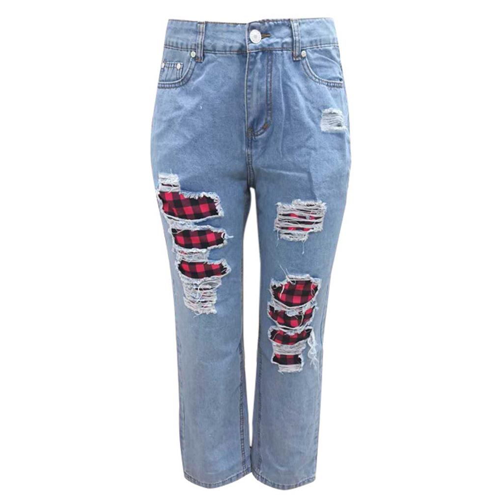 Women Jeans Snowman Print Ripped Jeans 