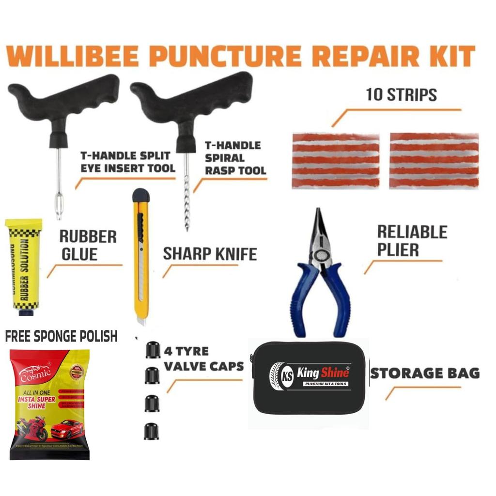 8-in-1 Tubeless Tyre Puncture Repair Kit for Car, Bike, Scooter & SUV – Universal Emergency Flat Tire Fix Tool Set with Storage Bag (Assorted)