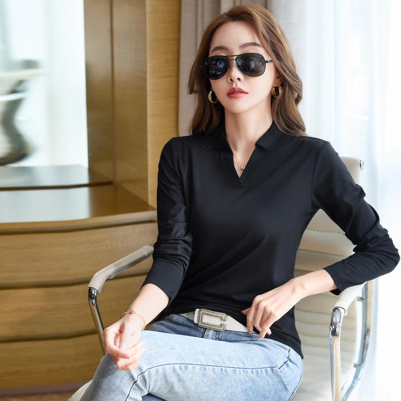 Women's 3XL Bottoming Shirt New Long-sleeved T-shirt Slim Women's Top Spring And Autumn Solid Color Casual Lapel Bottoming Shirt