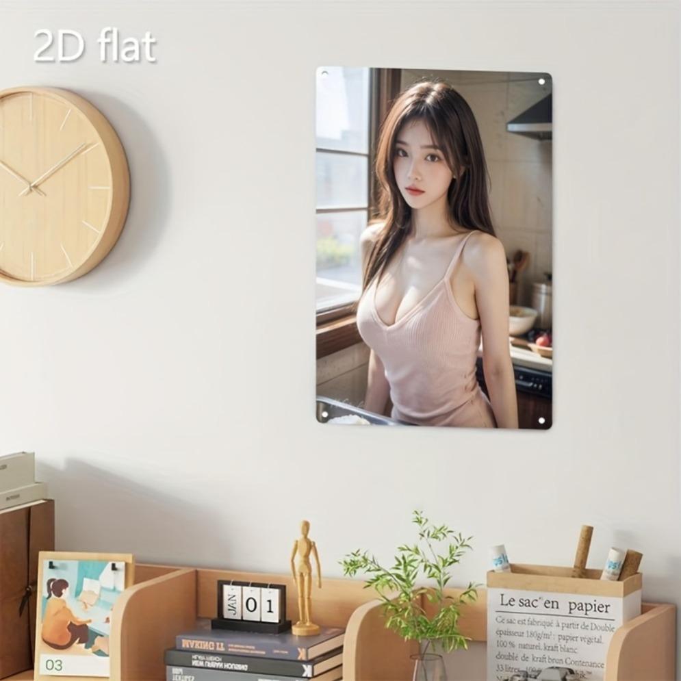 Hisun Tin Sign HD Metal Wall Art Sexy Asian Woman with Long Brown Hair Wearing Pink Ribbed VNeck Camisole Top Standing In Cozy Kitchen with Na