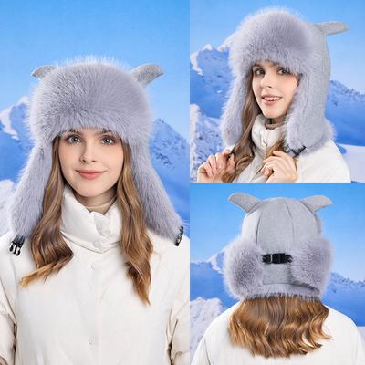 Winter Thick Coldproof Warm Cap Women's Plush Windproof Ear Protection Bomber Hat Outdoor Riding Cap