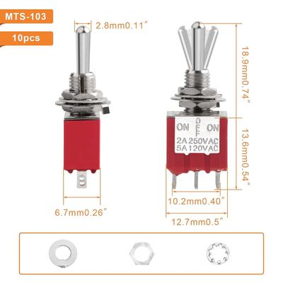 10pcs SPDT Toggle Switch 3 Position 3 Terminal Miniature On/Off/On Mts-103 5a 125v 2a 250v for Car Dash Dashboard Electronic Equipment Type:3pins, 3