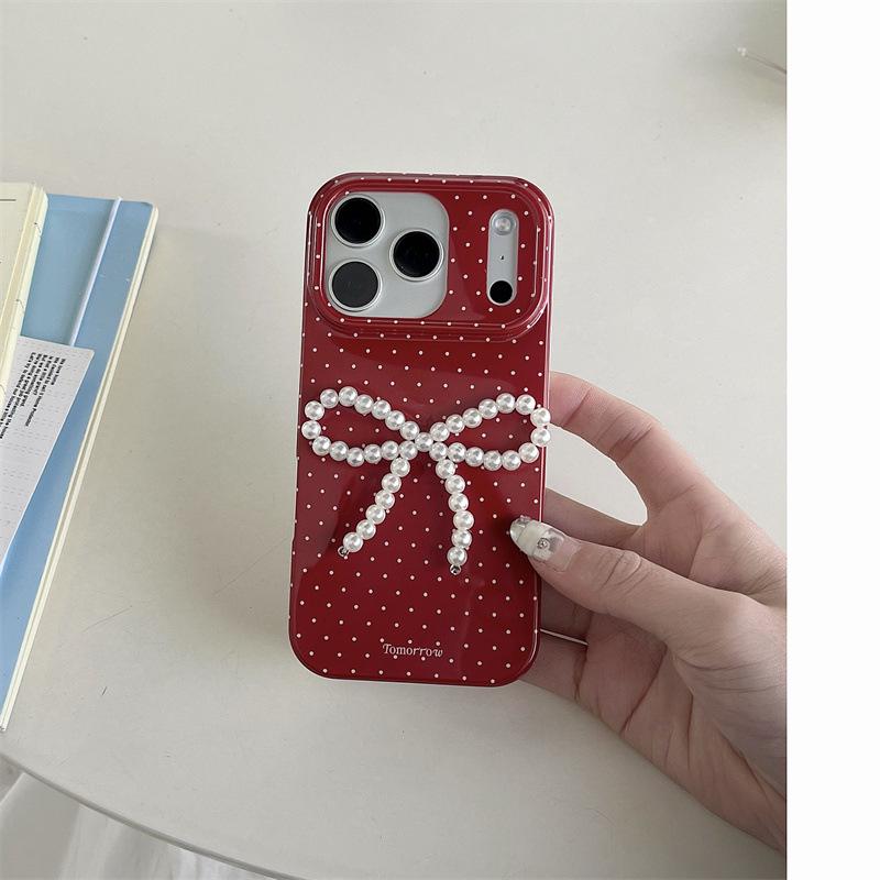 iPhone 17/16 Pro Max/15/14 Case: Korean Polka Dot 3D Pearl Bow for Women