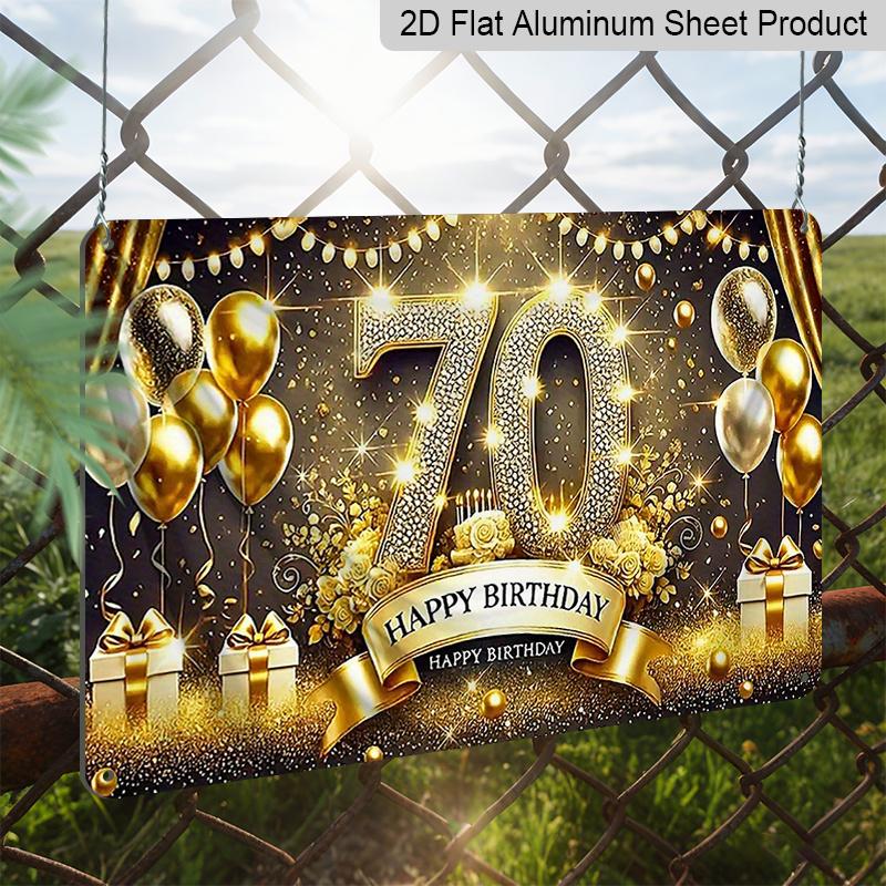 2D Flat, 1pc "70th Happy Birthday" Gold Glitter Aluminium Plaque Sign 12x8 Inch - Black & Gold 70th Birthday Balloon Design, Metal Wall Decor for
