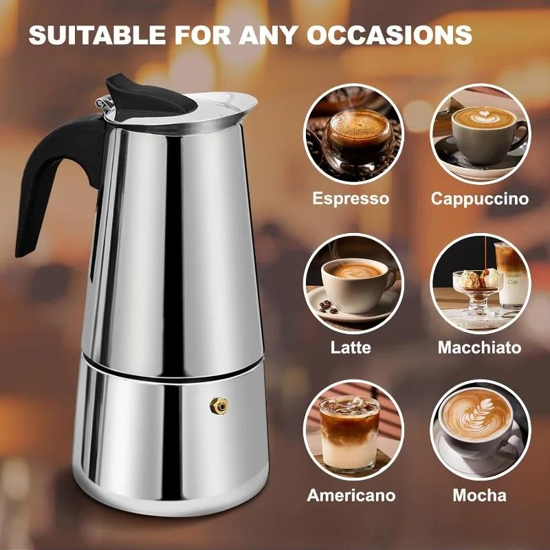 2/4/6 Cups Stainless Steel Moka Pot , Coffee Maker Mocha Pot,Italian Coffee Machine Fit Induction Cookers Coffee Accessories