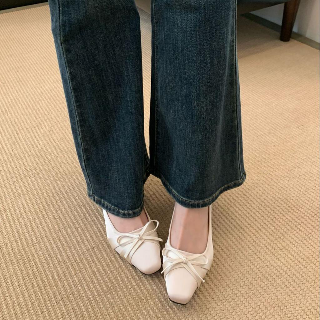 2025 new autumn square head satin bow evening breeze with skirt light mouth thick medium heel female Mary Jane single shoes