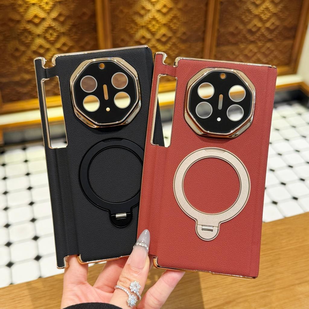Für Huawei Mate XT Ultimate Lederhülle Magsafe Linsenschutz Scharnierschutz 360° Drehung Metallständer Abdeckung