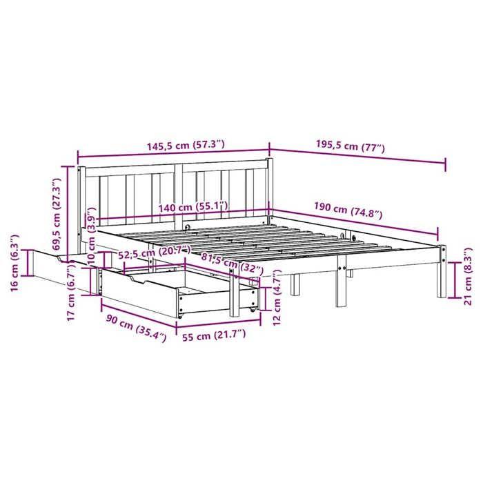 VidaXL Cadre de lit avec tiroirs blanc 140x190 cm bois de pin massif, sommier, cadre de lit double, cadre de lit en bois 3301468