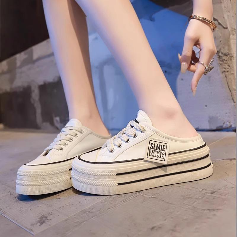 Platform Canvas Shoes Women's Spring and Summer 2025 New Student Half Slippers Explosion Increase White Shoes Versatile Board Shoes