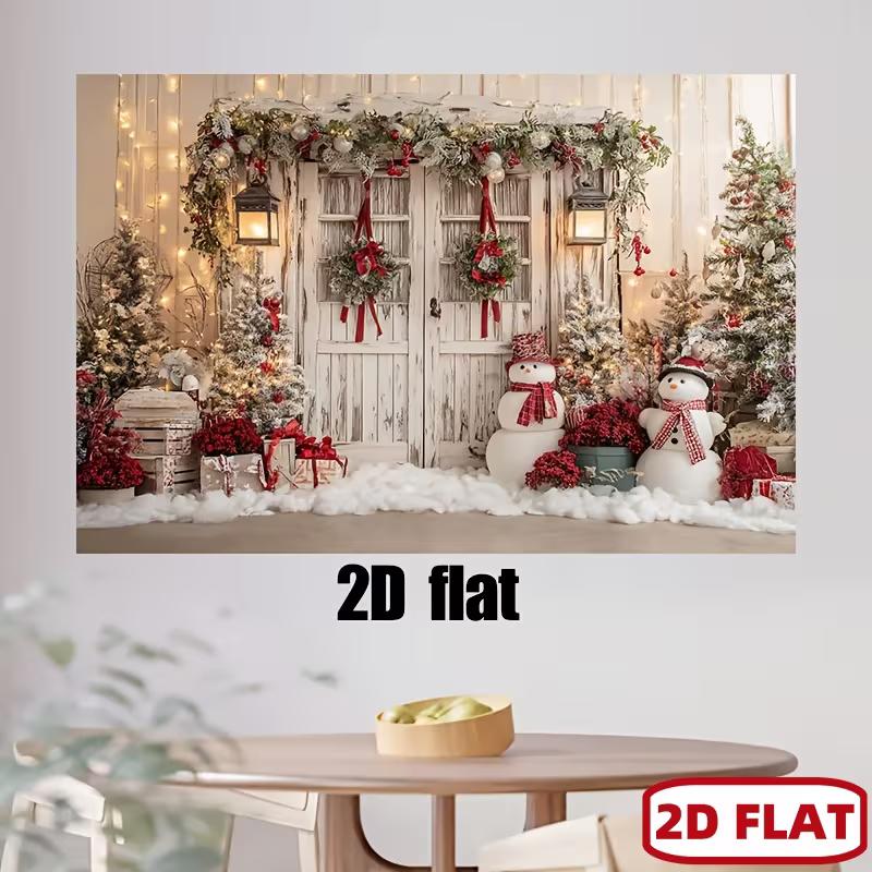 2D Farmhouse Christmas Backdrop Door with Snowman & Wreath Photography Background
