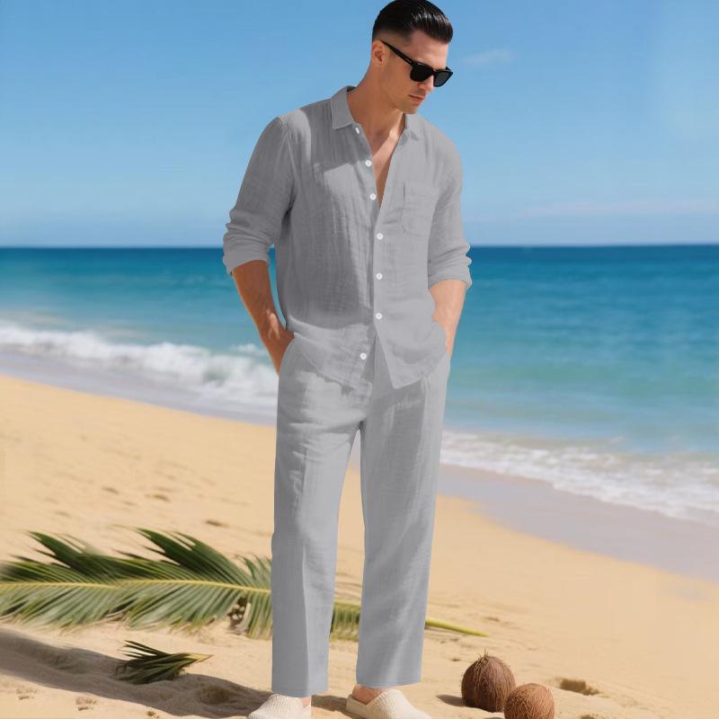 Europäischer & Amerikanischer Leinen Herbst Herren Freizeitanzug: Hemd mit lockerem Revers & Langarm-Strandhose