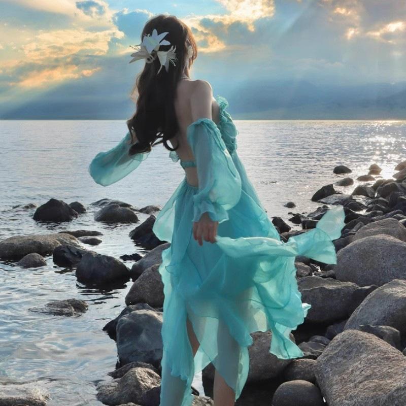 French Beautiful Blue-green Holiday Style Neck Sling Dress Seaside Photo Fairy Beach Halter Dress 2026