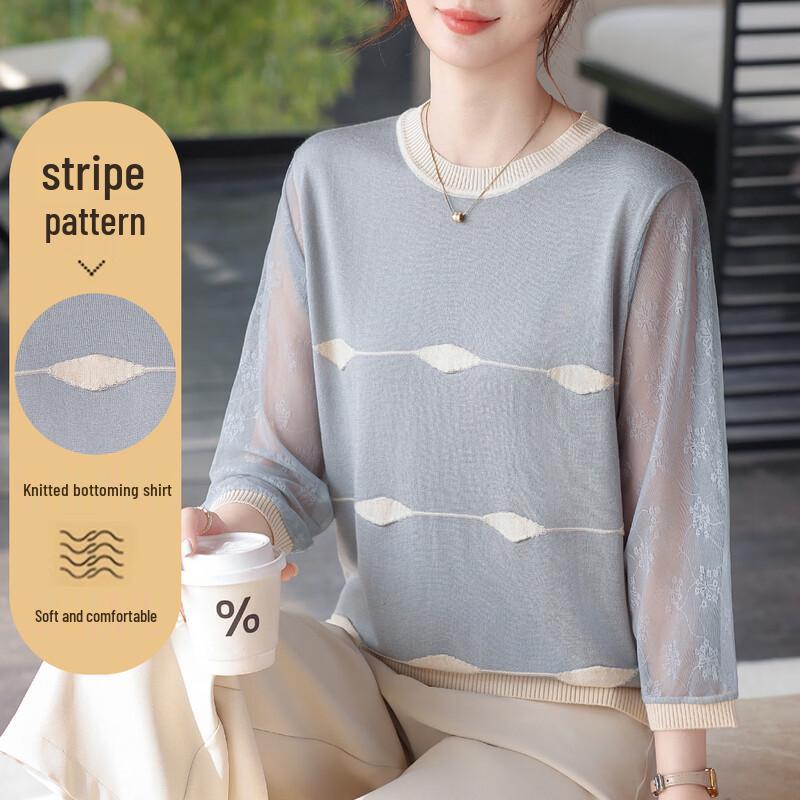 Women s Spring Striped Mesh Sleeve Thin T-Shirt L