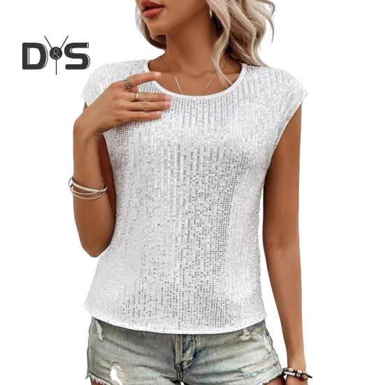 

Женская футболка с круглым вырезом без рукавов свободного кроя футболка с блестящими пайетками повседневные футболки стандартного кроя топ повседневная одежда XL белый