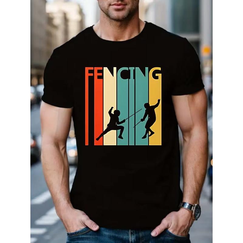 Fencing Painting Silhouette Print Short Sleeve T-Shirt, Casual Comfortable Versatile T-Shirt, Men's Casual Daily Spring Summer Clothing