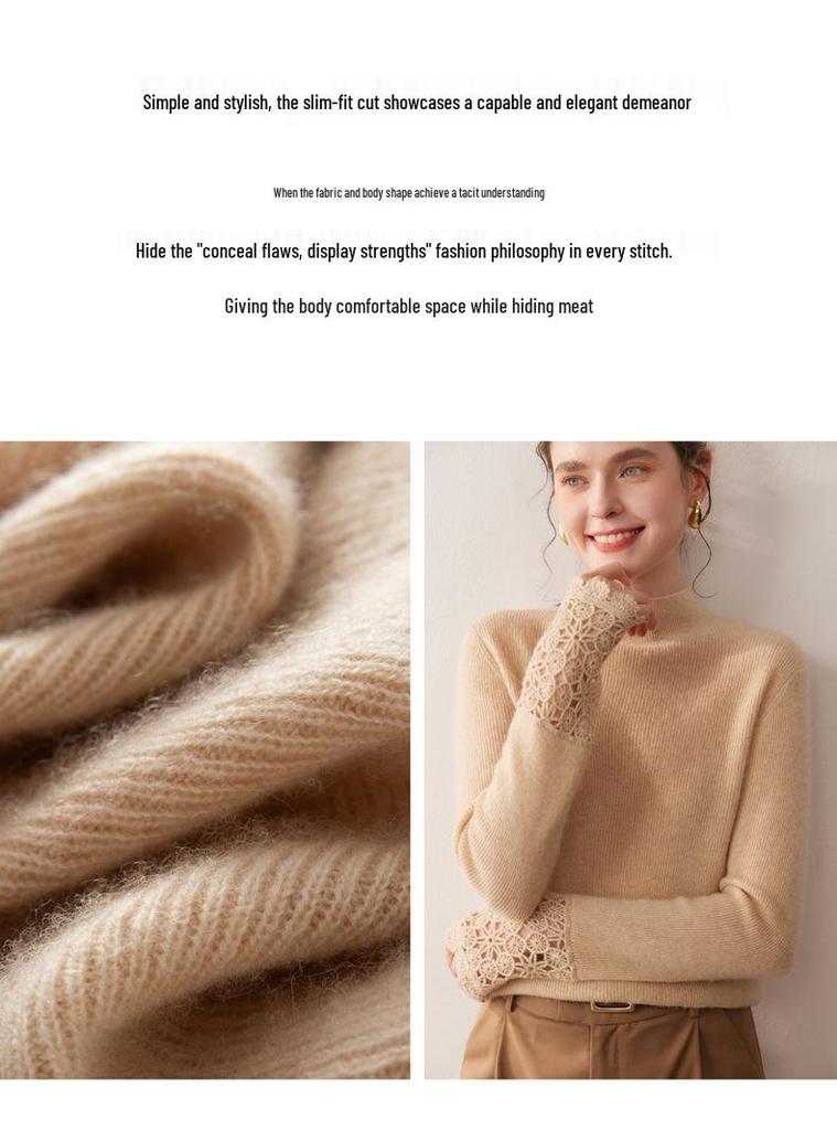 Women's Hand-Crocheted Cashmere Sweater - Slim Fit, Half-High Collar, Long Sleeve, Solid Color, Autumn/Winter Collection