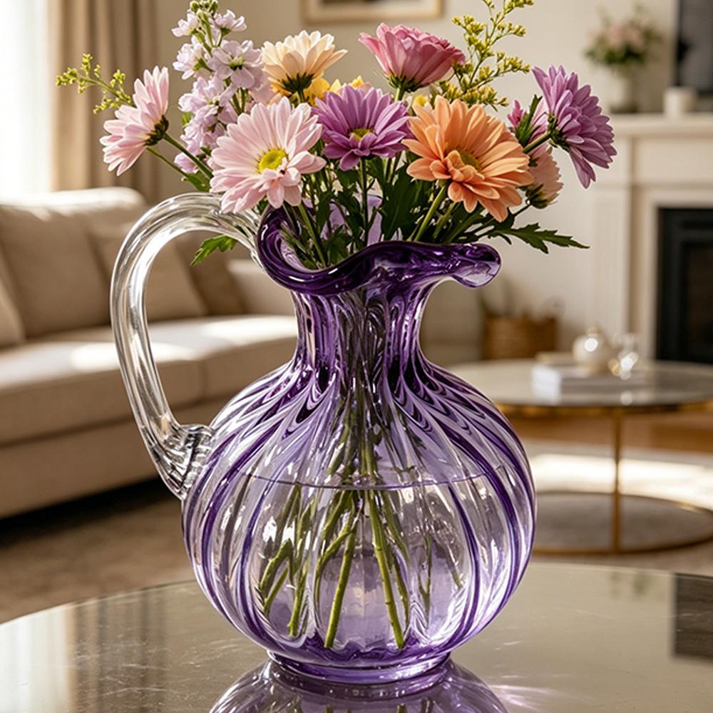 Hand Blown Glass Pitcher Vase with Handle, Decorative Flower Jug for Dining Table and Living Room Decor (Purple,S) фиолетовый