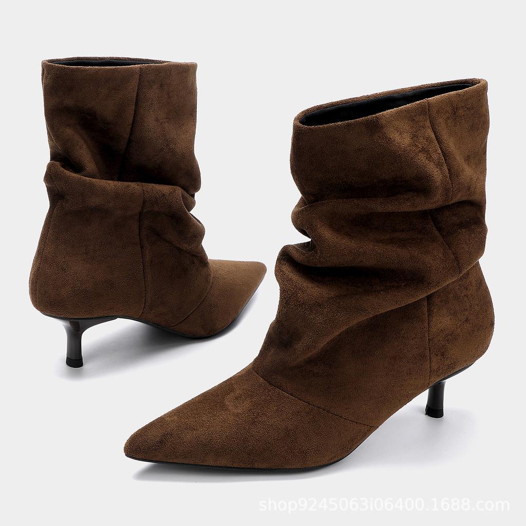 Stivali nuovi stivali plissettati impilabili stile retrò stivali di media altezza da donna camoscio tacco sottile stivali versatili stile deserto