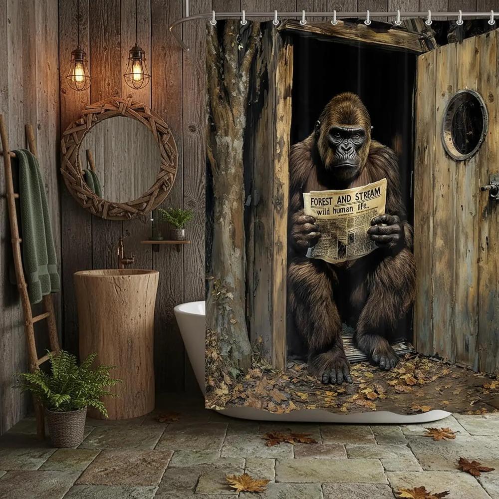 Funny Gorilla Printed Shower Curtain Fancy Humor Chimpanzee Reading Newspaper For Bathroom Decor