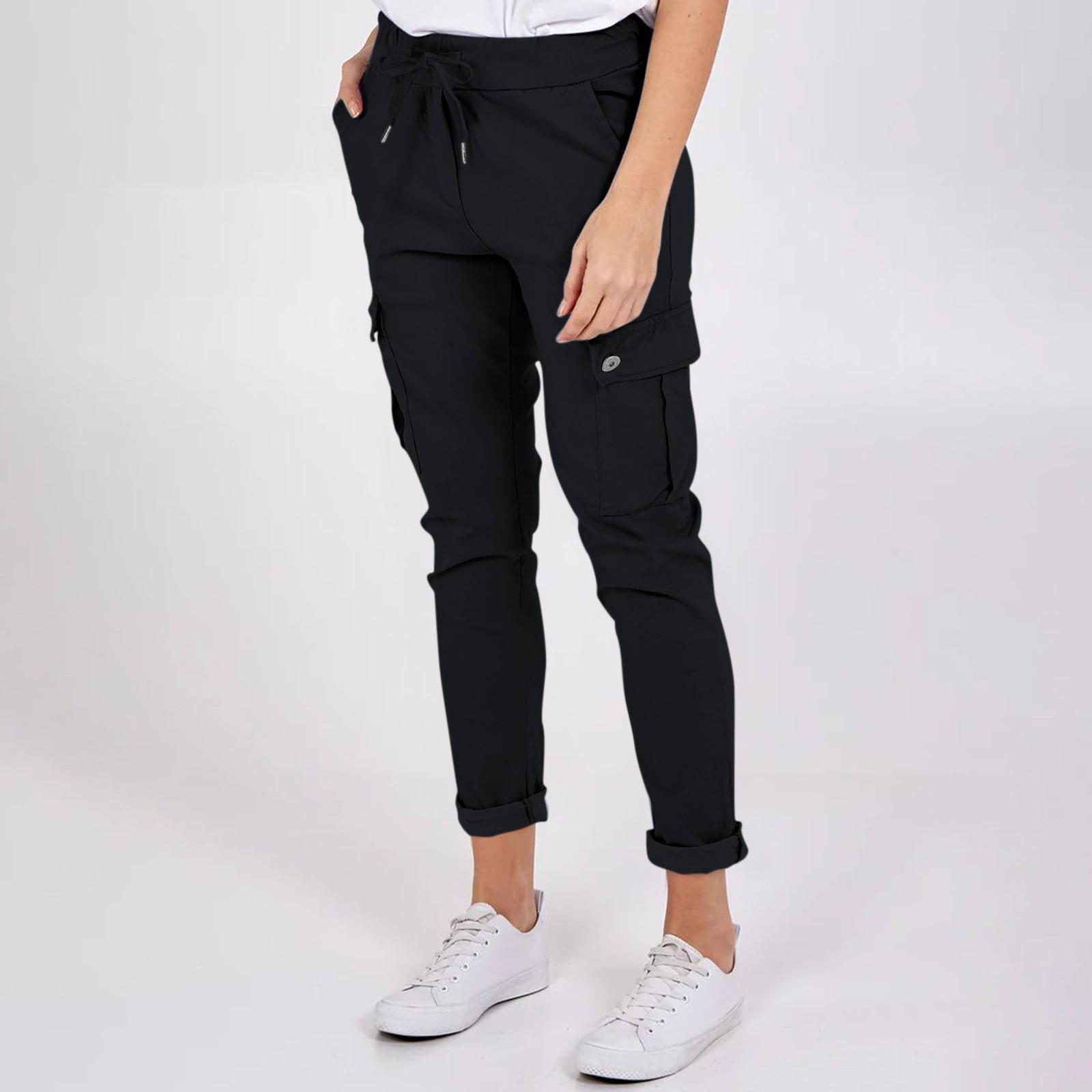 

Women s Fashion Button Pocket Drawstring Elastic Waist Casual Pants L чёрный