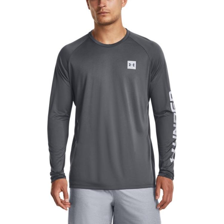 Under Armour Tech Logo Printed American Vintage Training Crew Neck Long Sleeve T-Shirt Men Tops Gray 1379782-012