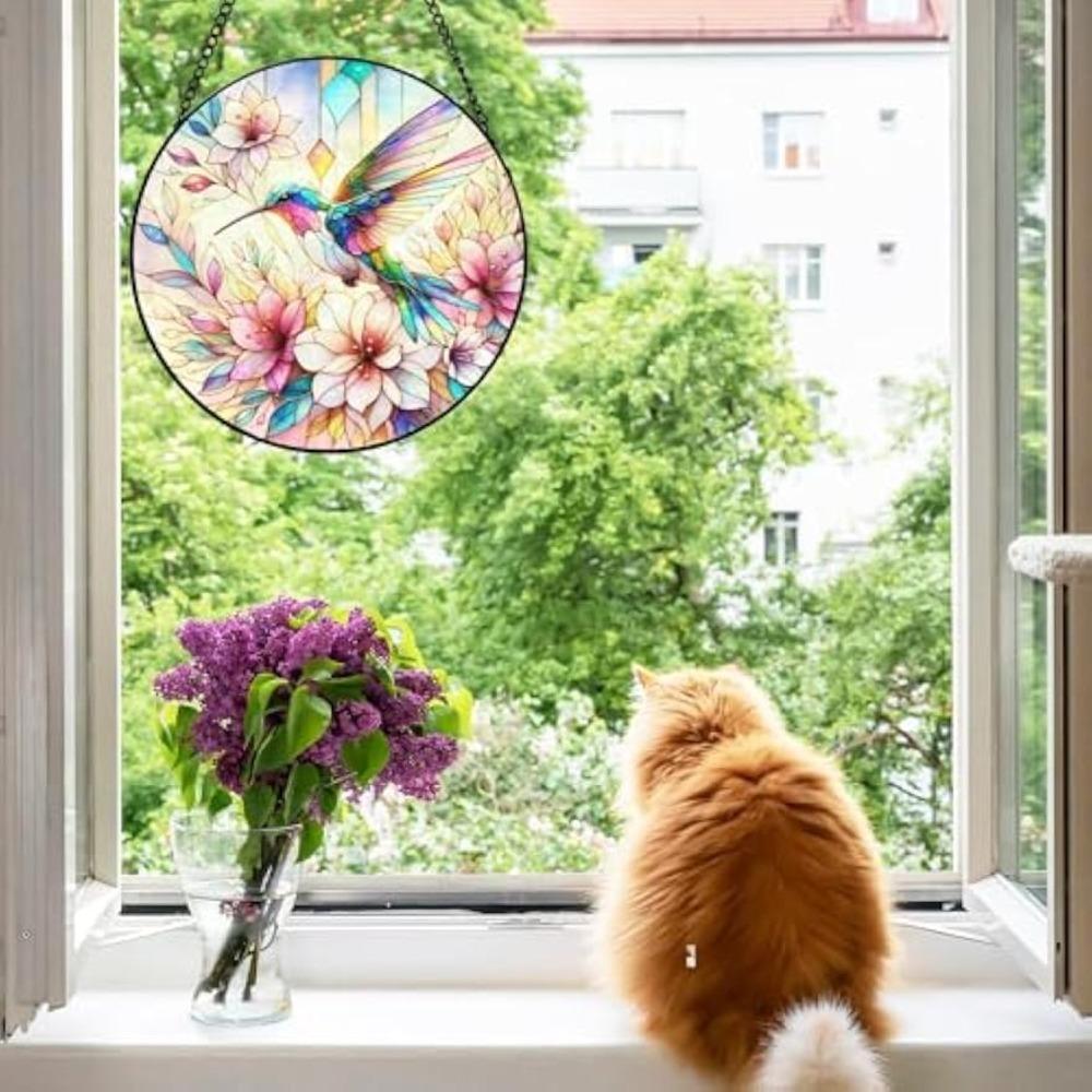 Stained Glass Hummingbird Sun Catcher Window Art Decor for Home Garden