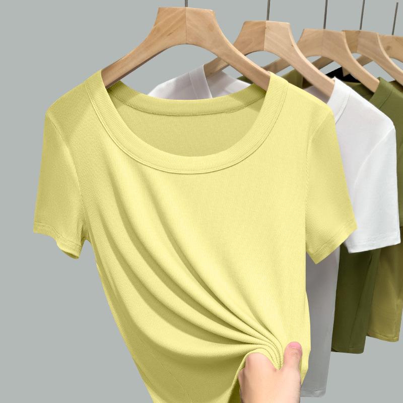 2026 Hochwertiges einfarbiges geripptes T-Shirt mit U-Ausschnitt zur Figurformung