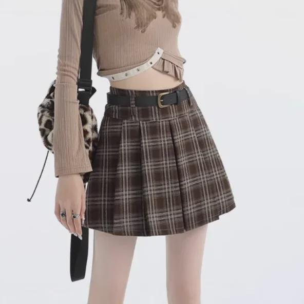 Dámská sukně s vysokým pasem, kostkovaná, plisovaná, áčkového střihu - Retro podzimní/zimní styl, zeštíhlující, zakrývající boky, krátká délka